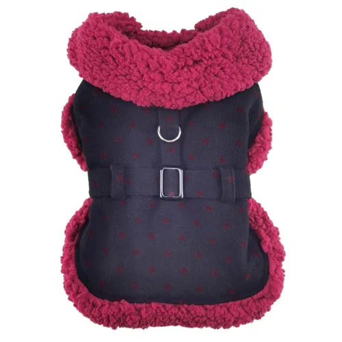Sherpa-Lined Dog Harness Coat – Black & Burgundy Dots