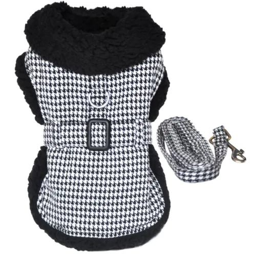 Sherpa Line Dog Harness Coat &ndash; Black and White Houndstooth