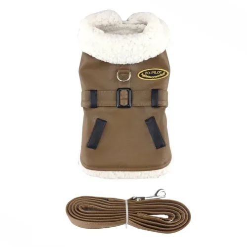 Designer Brown and Black Trim Vintage Bomber Coat & Leash