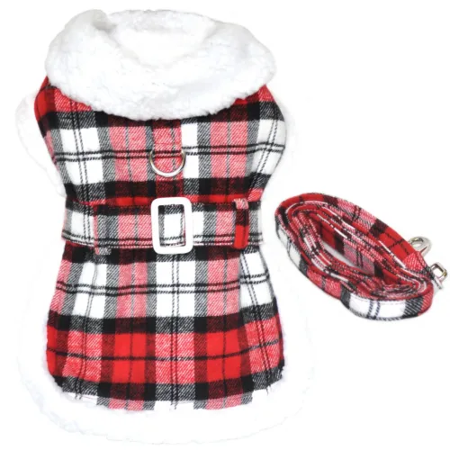 Sherpa-Lined Dog Harness Coat &ndash; Red & White Plaid