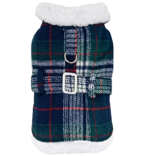 Sherpa-Lined Dog Harness Coat – Blue & Green Plaid