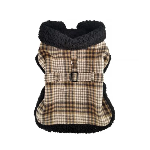Sherpa-Lined Dog Harness Coat &ndash; Brown & White Plaid
