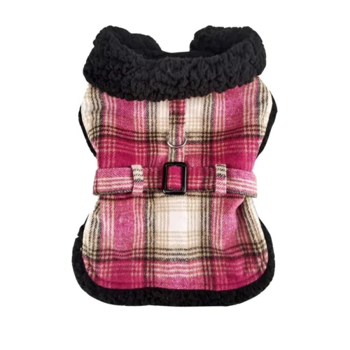 Sherpa-Lined Dog Harness Coat – Hot Pink & Tan Plaid