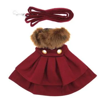 Wool Fur-Trimmed Dog Harness Coat &ndash; Burgundy